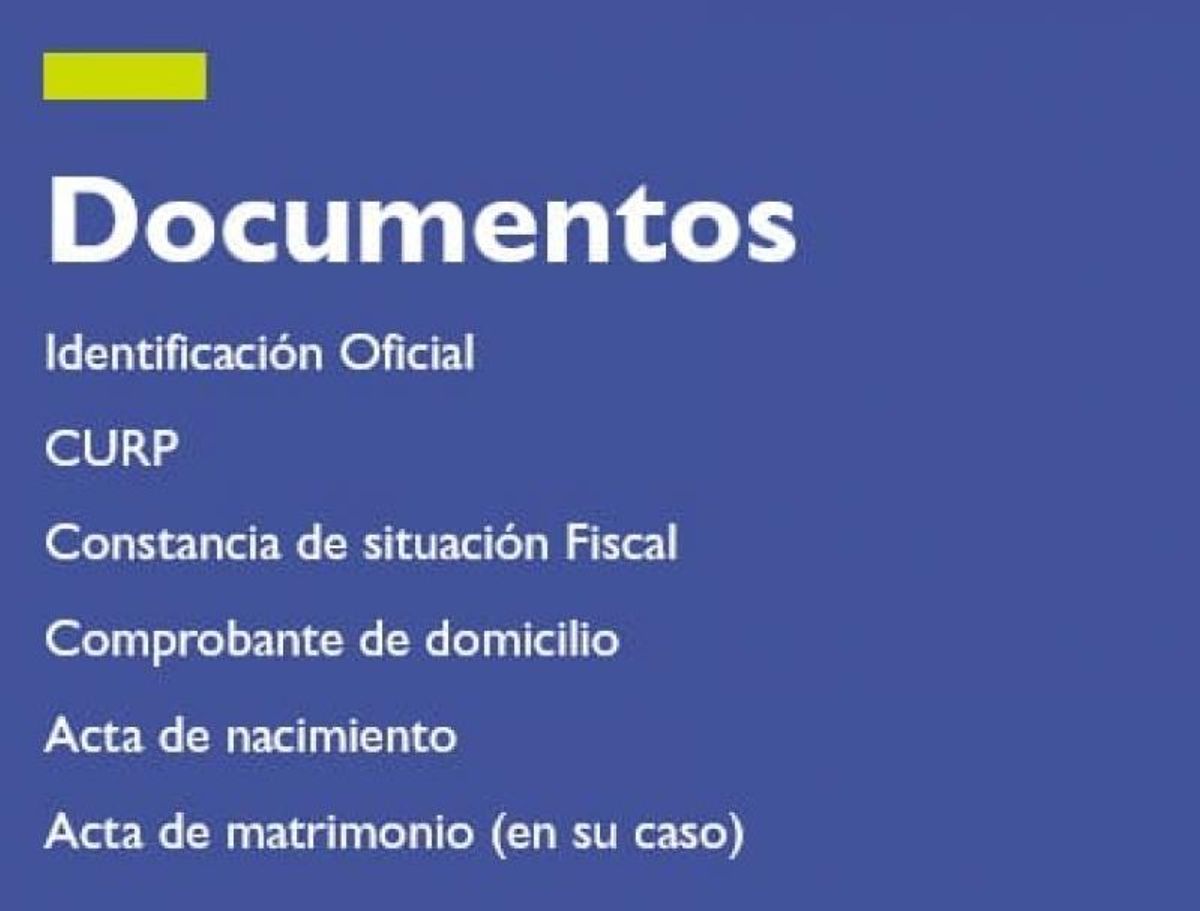 Fondo azul con lista de documentos requeridos en letras blancas y detalle amarillo