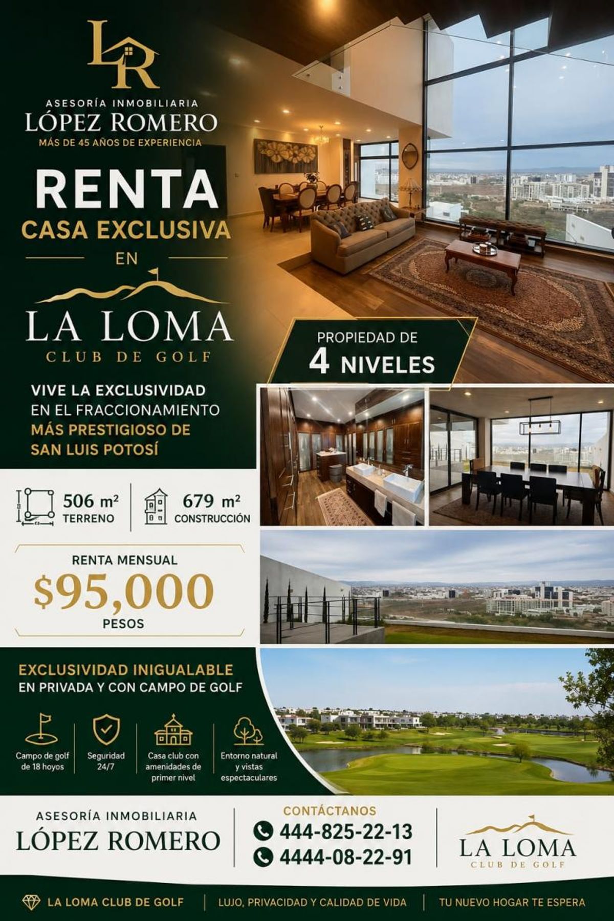 Sala de doble altura con ventanales, sofás, comedor y campo de golf exterior