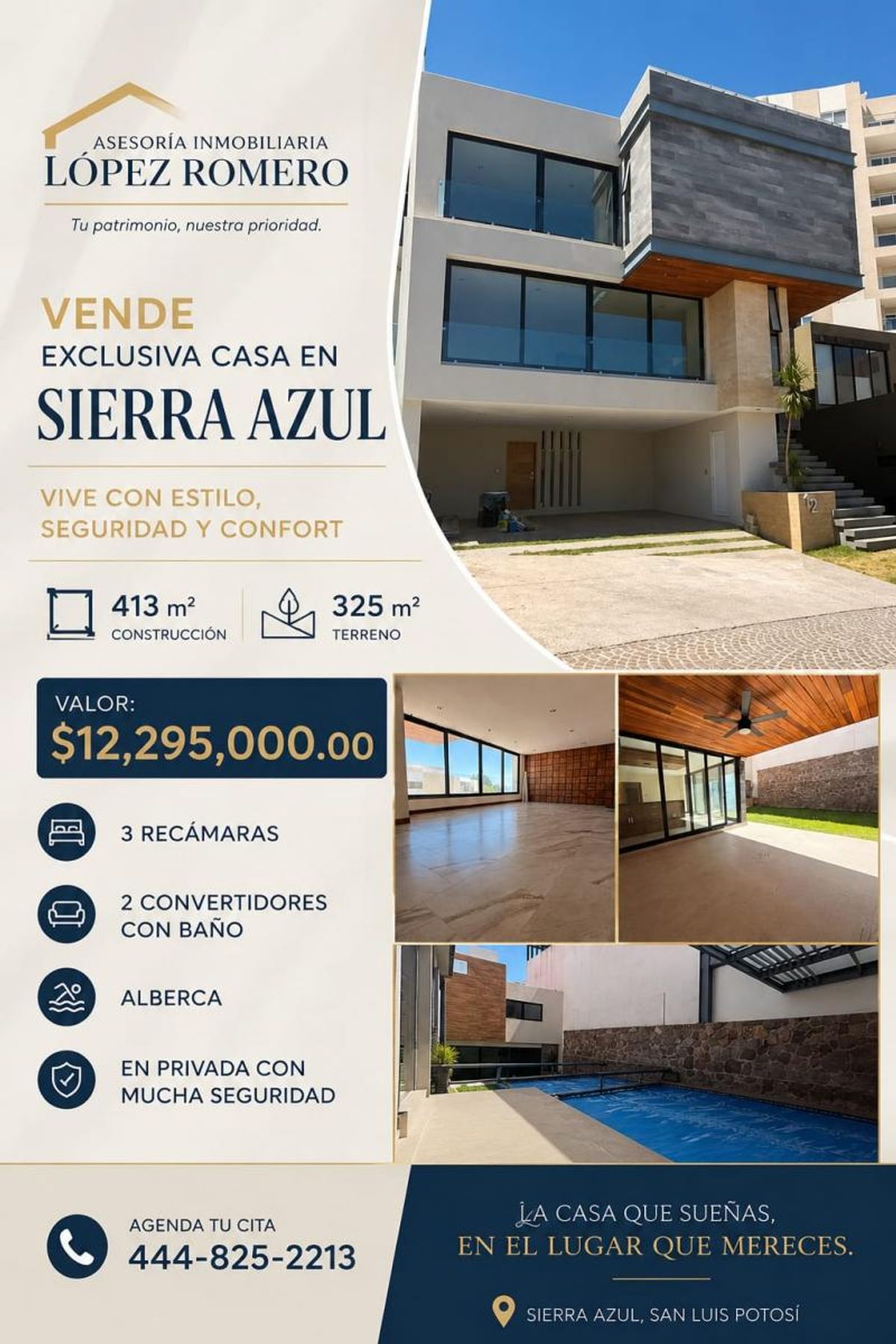 Casa de tres niveles con ventanales de cristal, cochera techada, terraza y alberca posterior