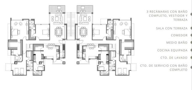 Plano arquitectónico de departamento que muestra distribución de tres recámaras, cocina, sala y terraza