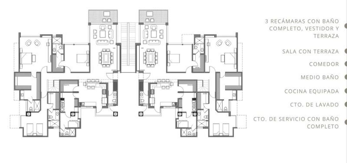Plano arquitectónico de departamento que muestra distribución de tres recámaras, cocina, sala y terraza