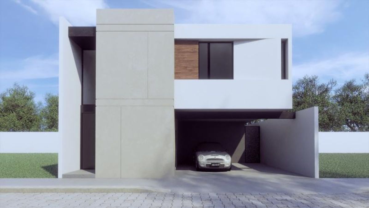 Fachada moderna con paneles de concreto, detalles de madera y cochera techada con automóvil