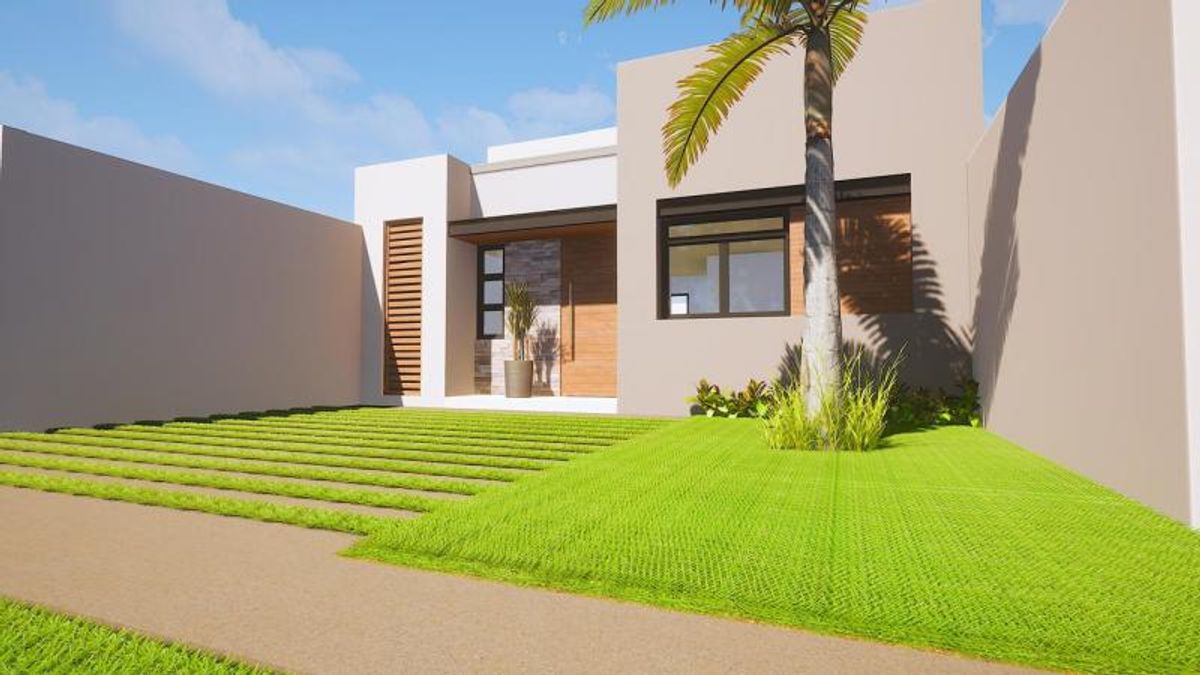 Fachada moderna de una planta con detalles de madera, pasto verde y una palmera