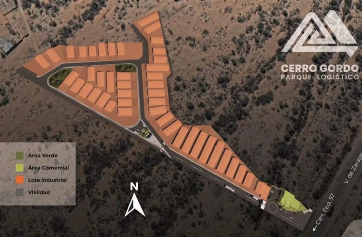 Plano del parque logístico mostrando lotes industriales terracota, áreas verdes y vialidades principales