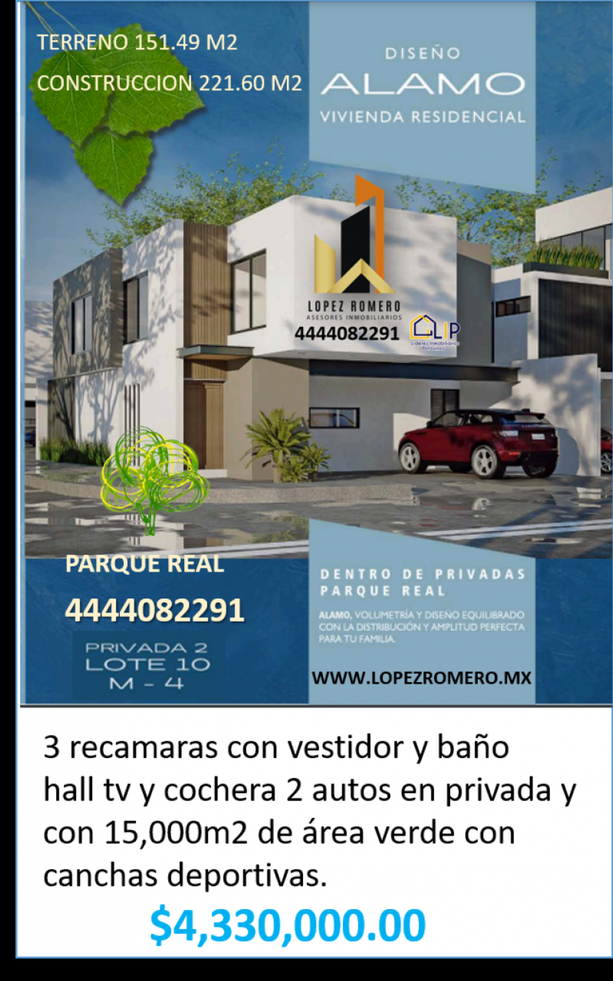 Fachada residencial moderna de dos niveles en color blanco con una camioneta roja estacionada