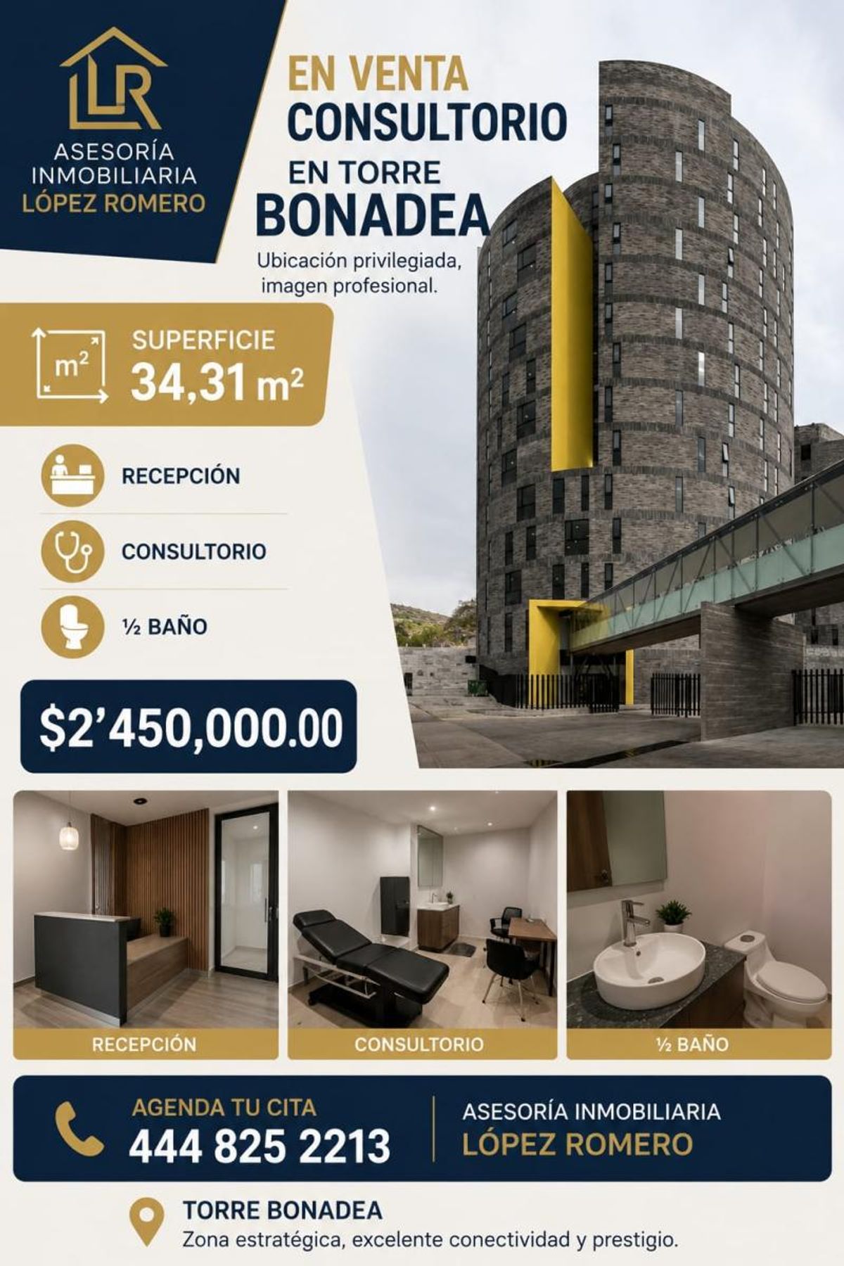 Edificio curvo de piedra gris con acentos amarillos, recepción, consultorio médico y medio baño