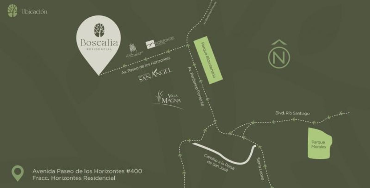 Mapa ilustrado de ubicación en verde con avenidas principales, parques y Boscalia Residencial