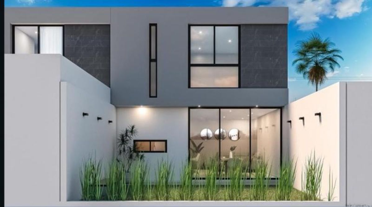 Fachada de dos niveles con paredes blancas, panel gris, grandes ventanales y plantas frontales