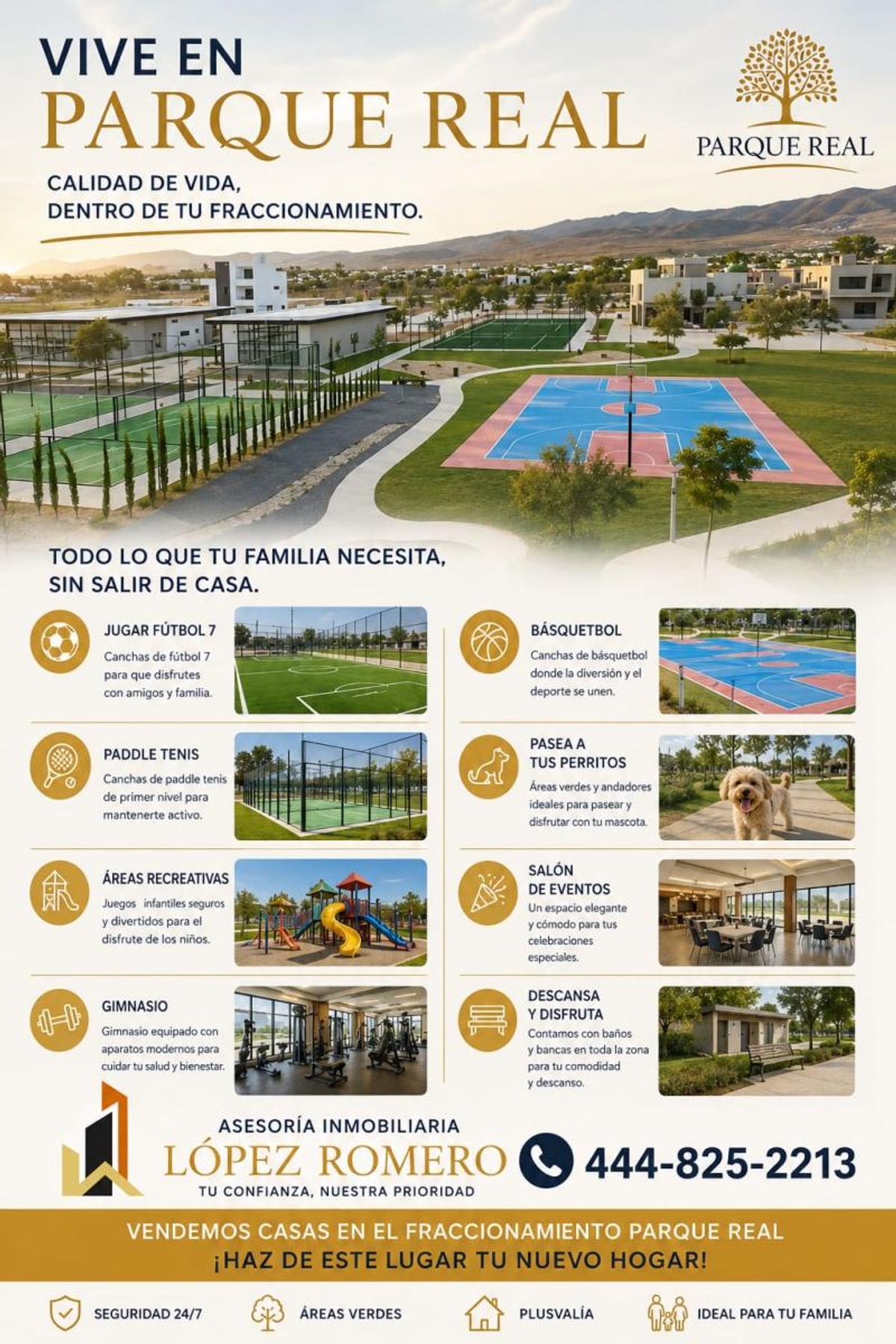 Fraccionamiento residencial con cancha de básquetbol azul, áreas verdes, andadores y casas modernas