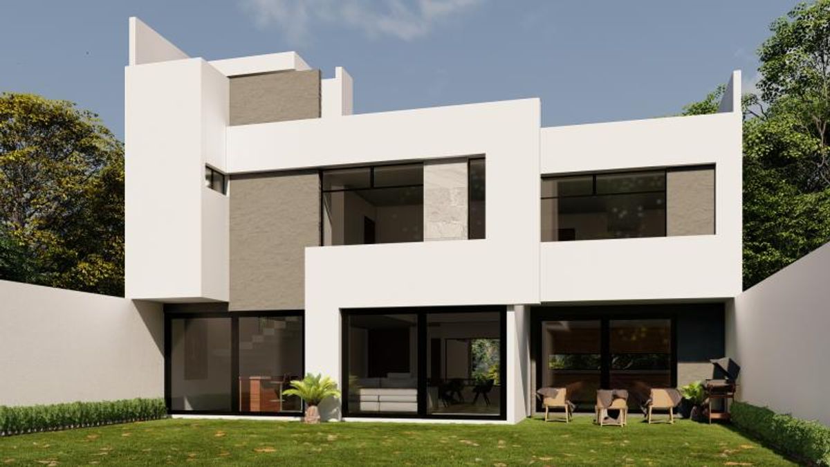 Fachada de casa estilo moderno con acabados blancos y grises, ventanales corredizos y jardín