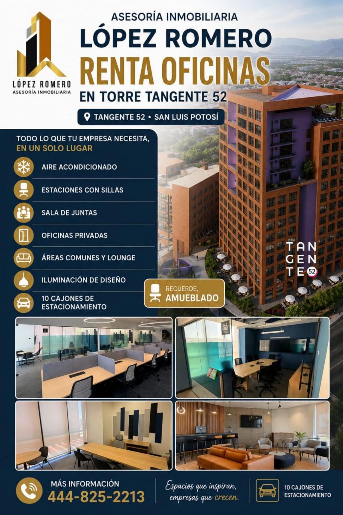 Edificio de ladrillo y espacios interiores de oficinas amuebladas con escritorios y salas