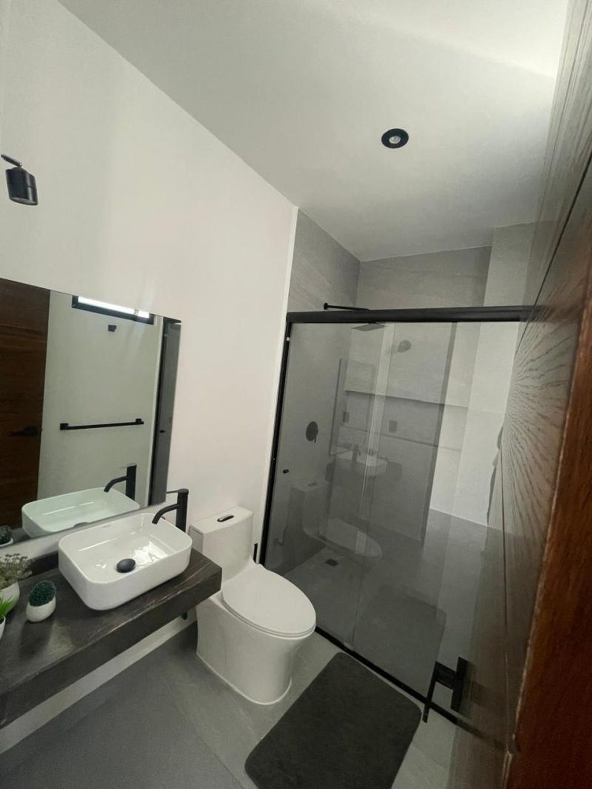 Baño con lavabo blanco sobre cubierta oscura, inodoro y regadera con cancel de cristal