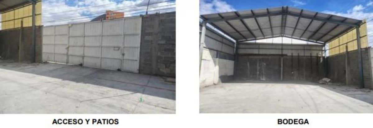 Patio pavimentado con gran portón metálico y área techada con estructura de acero