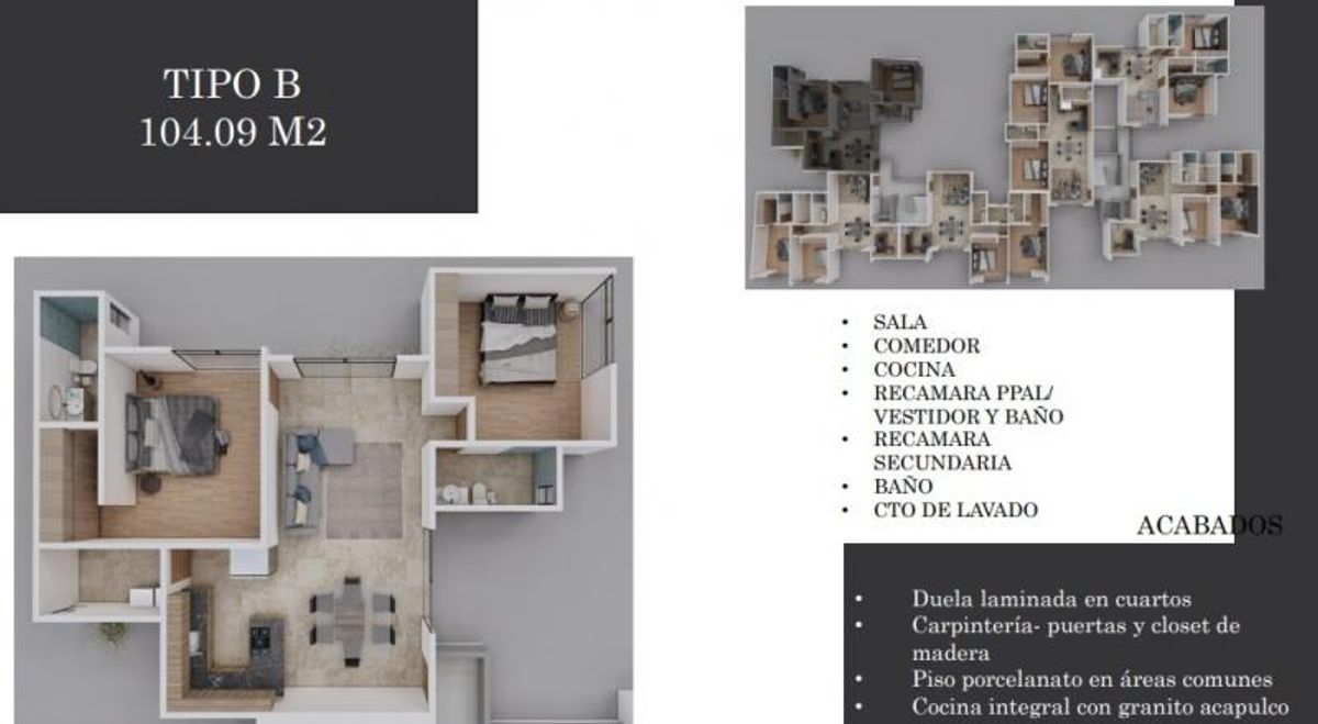 Plano tridimensional de departamento con dos recámaras, sala, comedor, cocina y baños