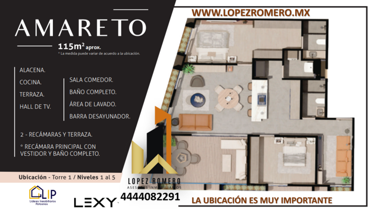 Plano tridimensional de distribución de departamento con dos recámaras, cocina, sala y terraza