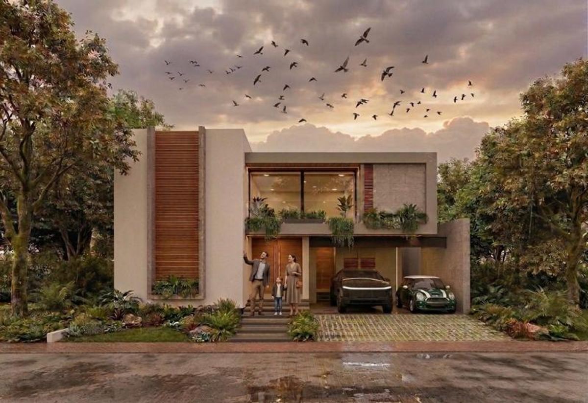 Casa de dos niveles con paneles de madera, cochera cubierta para dos autos y jardín