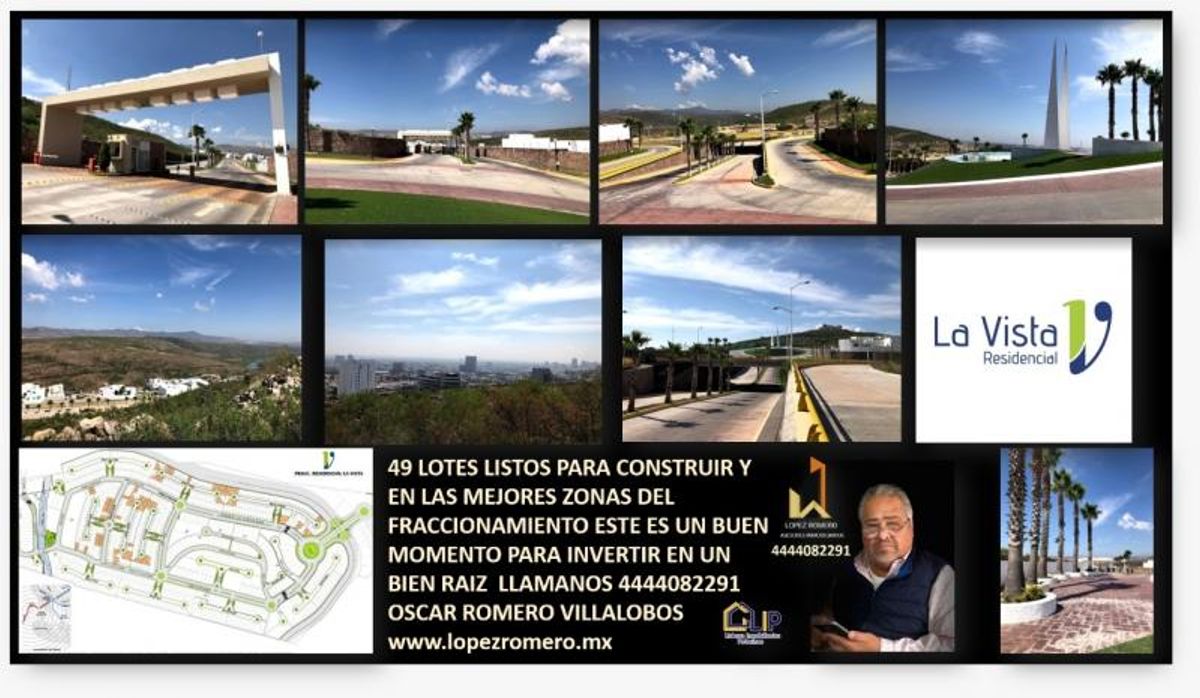Collage con plano de fraccionamiento, calles pavimentadas, pórtico de acceso, palmeras y vistas panorámicas