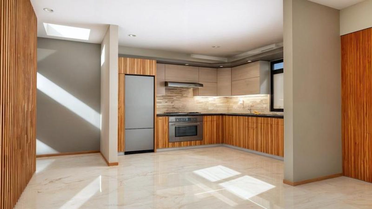 Cocina integral con gabinetes de madera, electrodomésticos de acero inoxidable y piso claro brillante