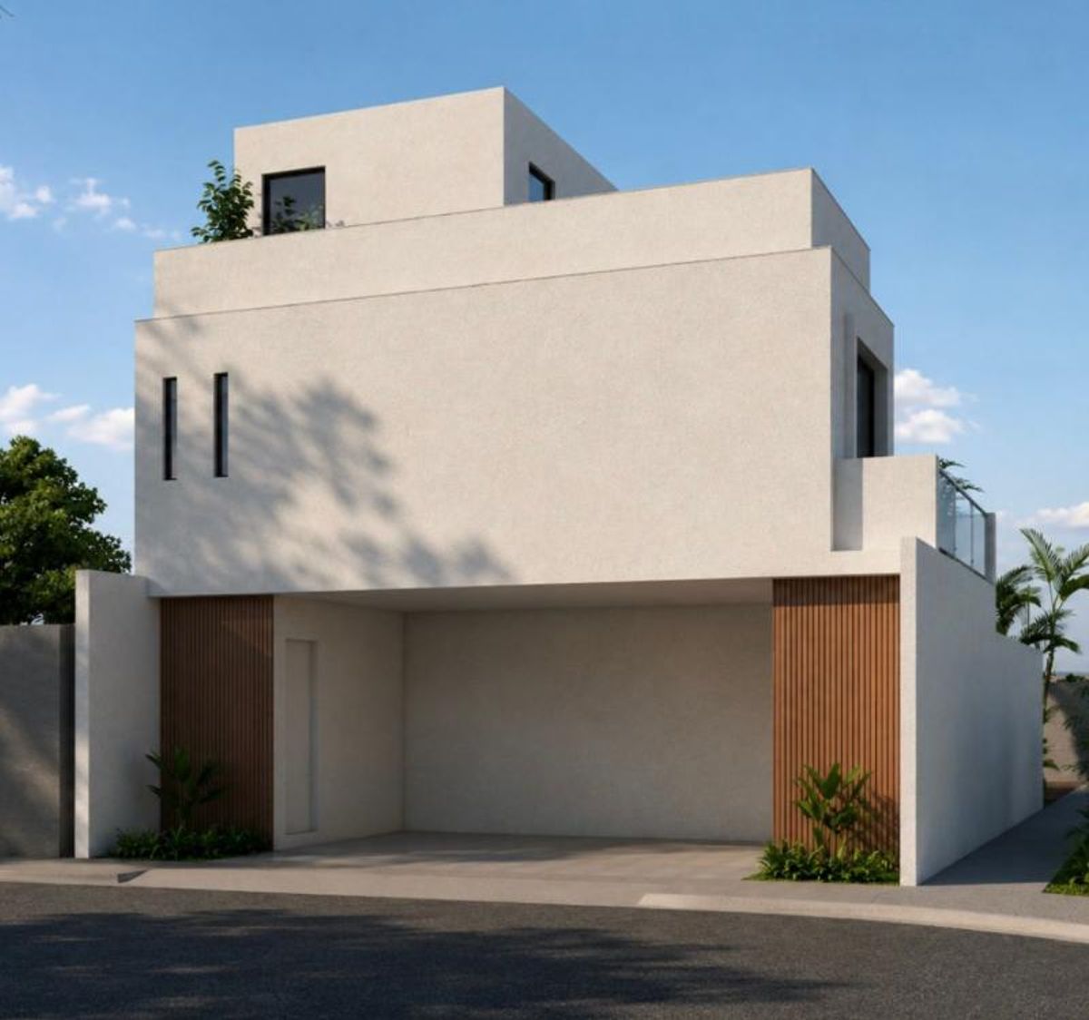 Fachada moderna de color blanco con cochera abierta y detalles en listones de madera