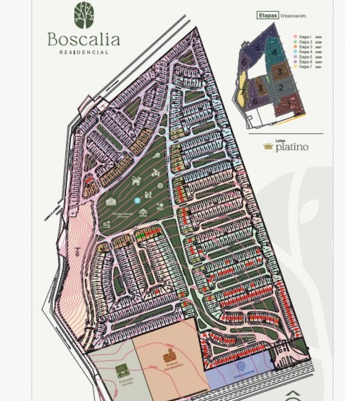 Plano general de desarrollo residencial con distribución de lotes, áreas verdes y etapas