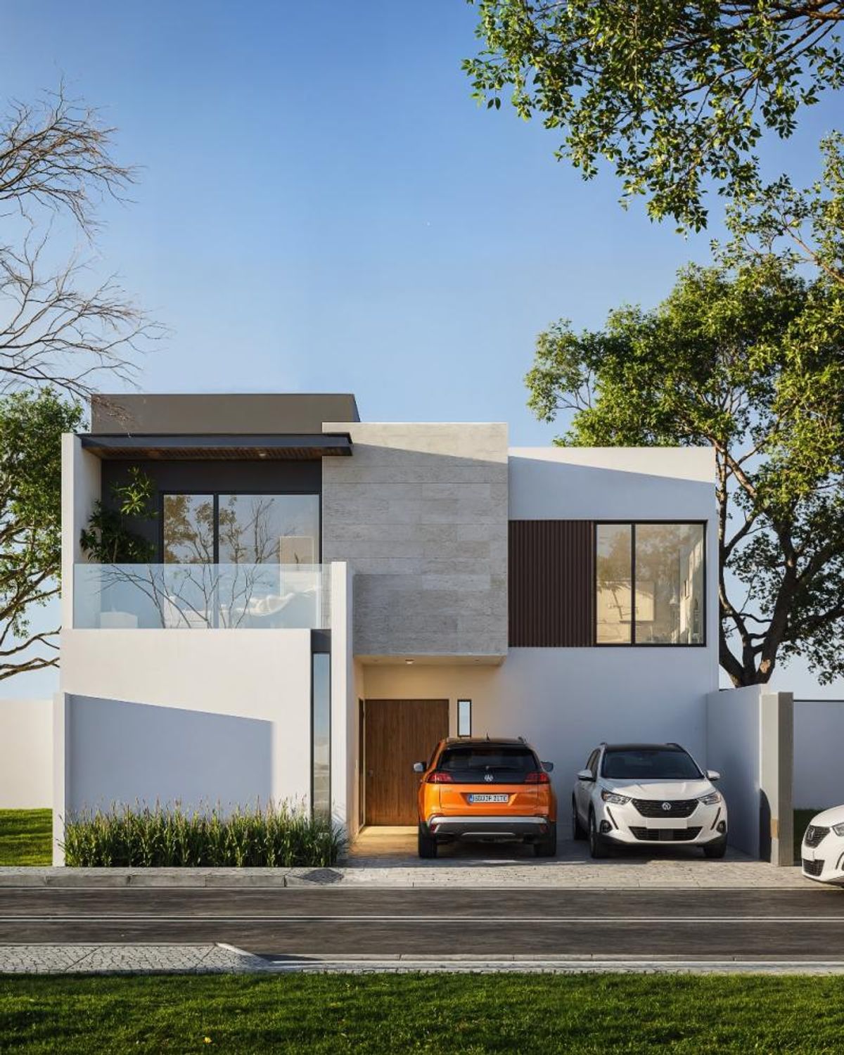 Fachada de casa moderna de dos niveles con revestimiento de piedra, balcón y estacionamiento
