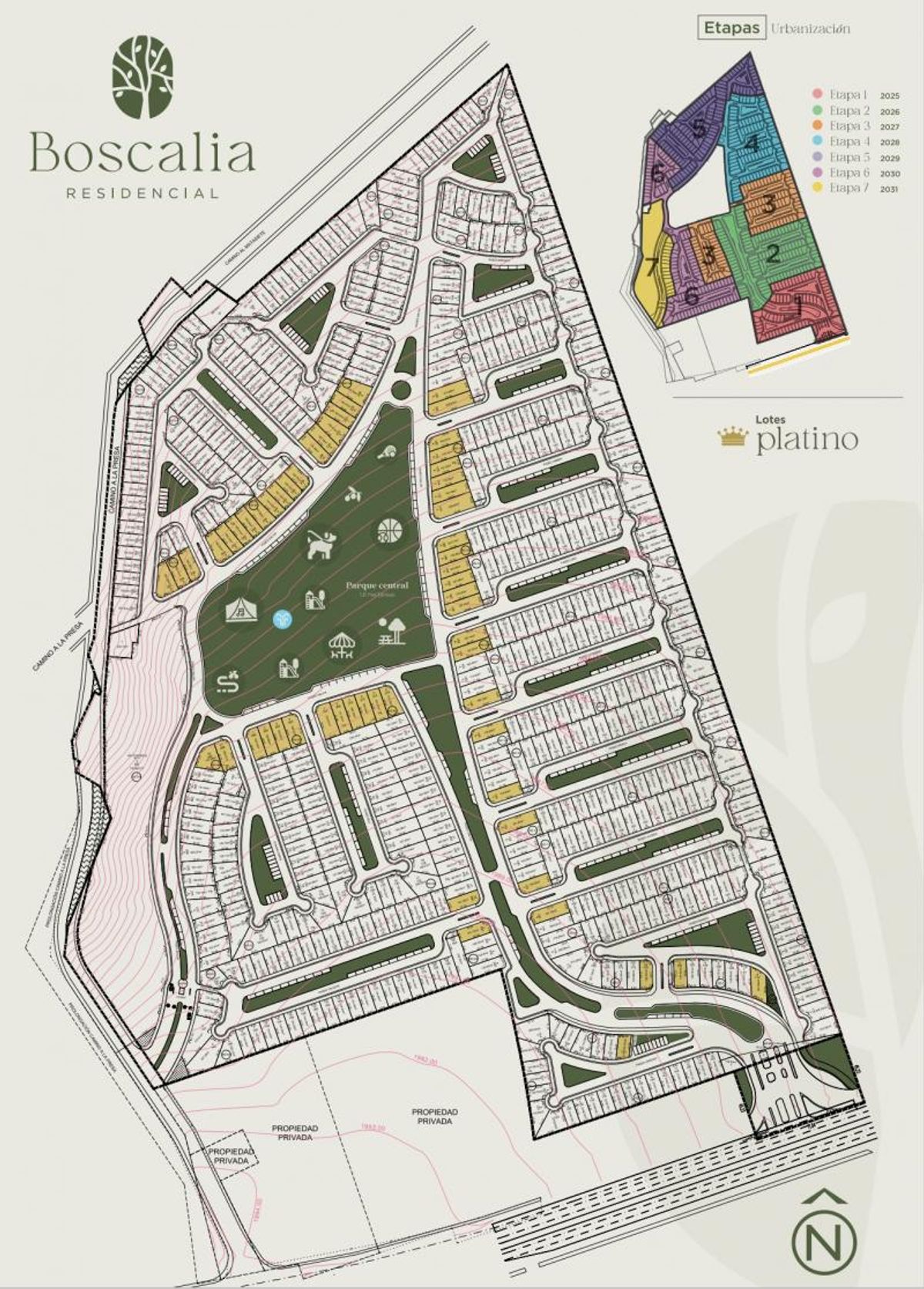 Plano maestro de fraccionamiento residencial con distribución de lotes, parque central y zonas verdes
