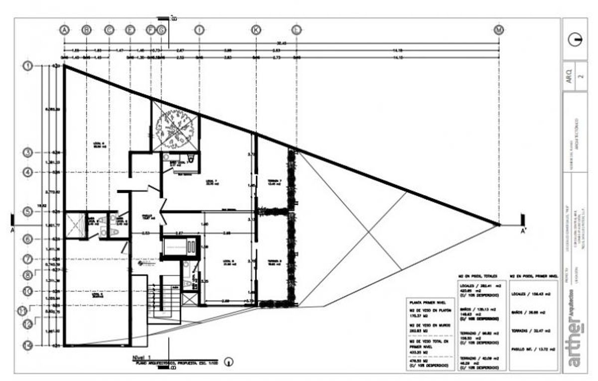 Plano arquitectónico del primer nivel con distribución de locales comerciales, terrazas y medidas técnicas