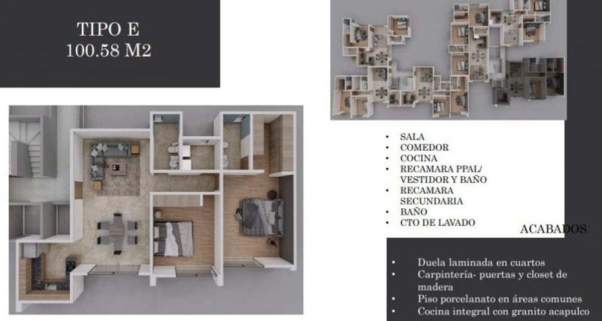 Plano tridimensional de departamento mostrando sala, comedor, cocina, dos recámaras y acabados generales