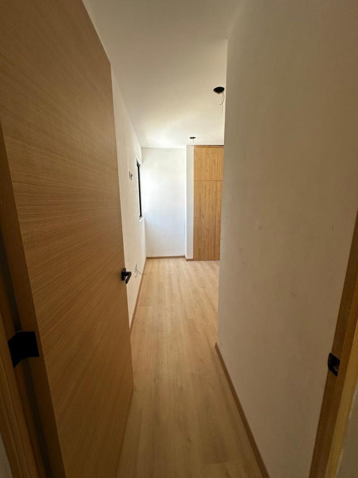 Pasillo con piso de madera, muros blancos, puerta de madera y clóset al fondo