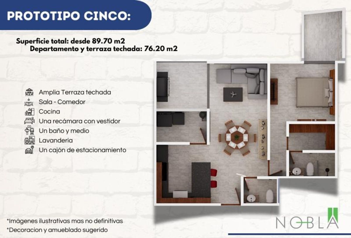 Distribución interior con sala, comedor, cocina con barra, recámara, vestidor, baños y terraza