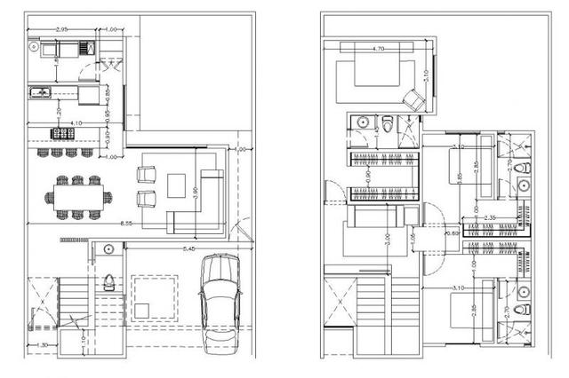 Plano arquitectónico de dos niveles con cochera, estancia, cocina, comedor, recámaras y baños