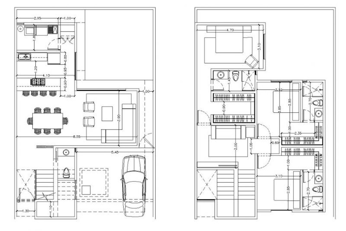 Plano arquitectónico de dos niveles con cochera, estancia, cocina, comedor, recámaras y baños