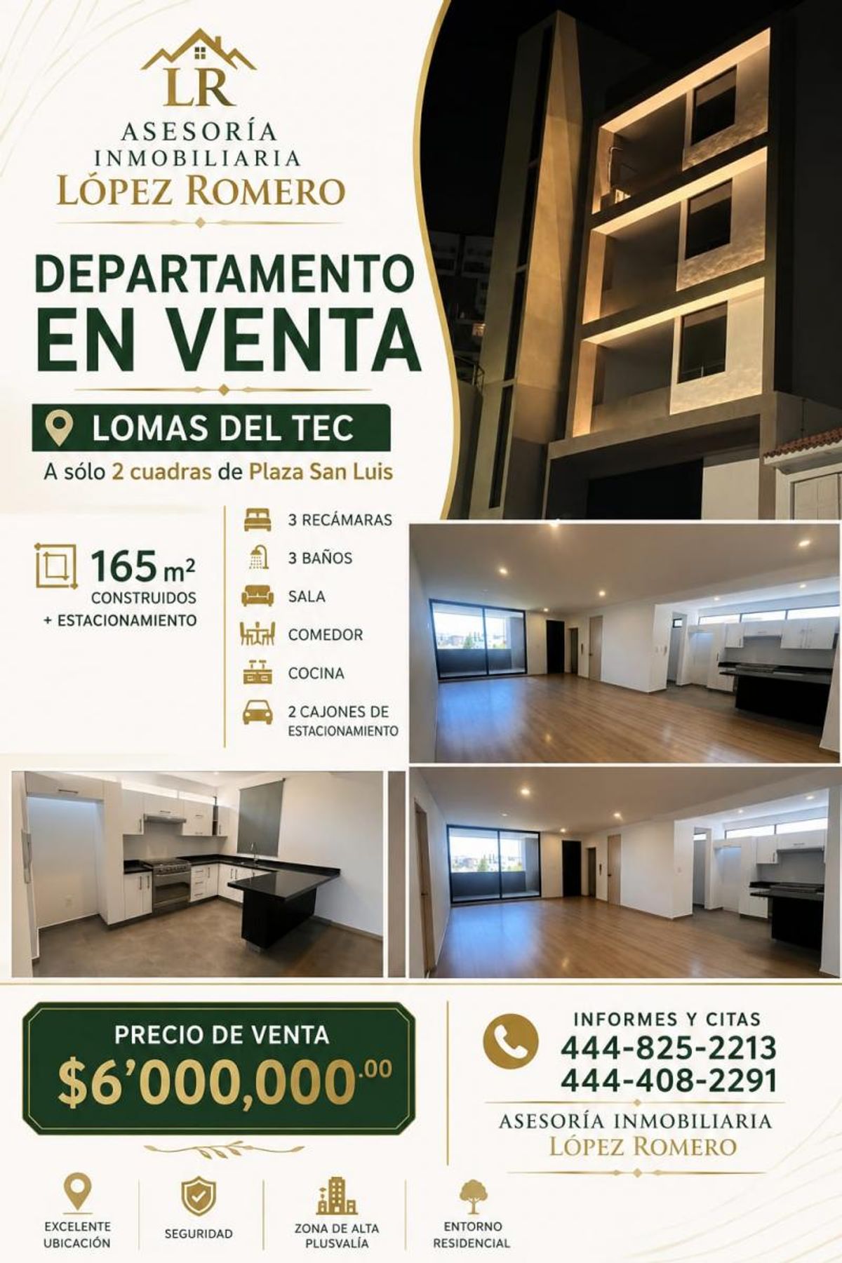 Edificio moderno y estancia iluminada con piso laminado, ventanal y cocina con barra negra