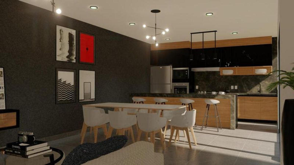 Comedor moderno con mesa blanca y cocina abierta con barra e iluminación colgante