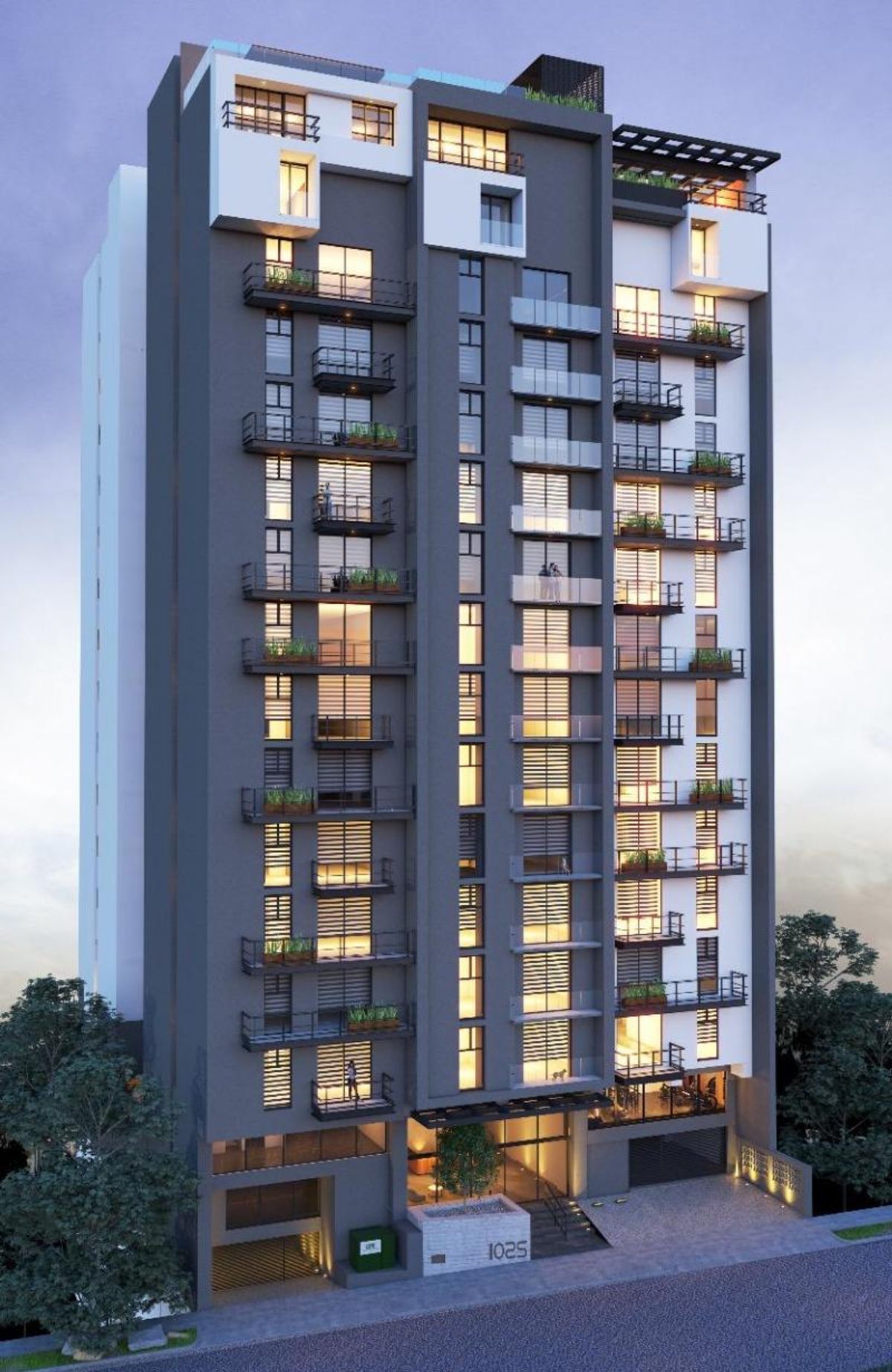 Torre de departamentos moderna con fachada gris y blanca, balcones e interiores iluminados