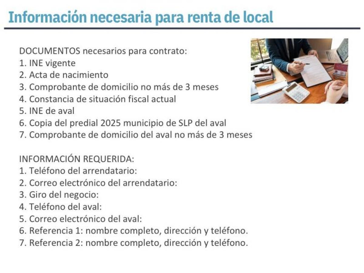 Documento informativo con lista de requisitos para renta de local y escritorio de trabajo