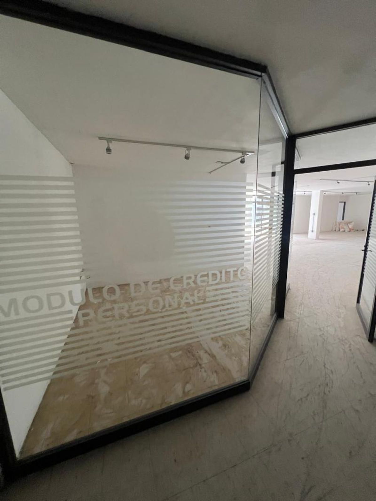 Cubículo de cristal con marco negro, vinil esmerilado, iluminación de riel y piso claro