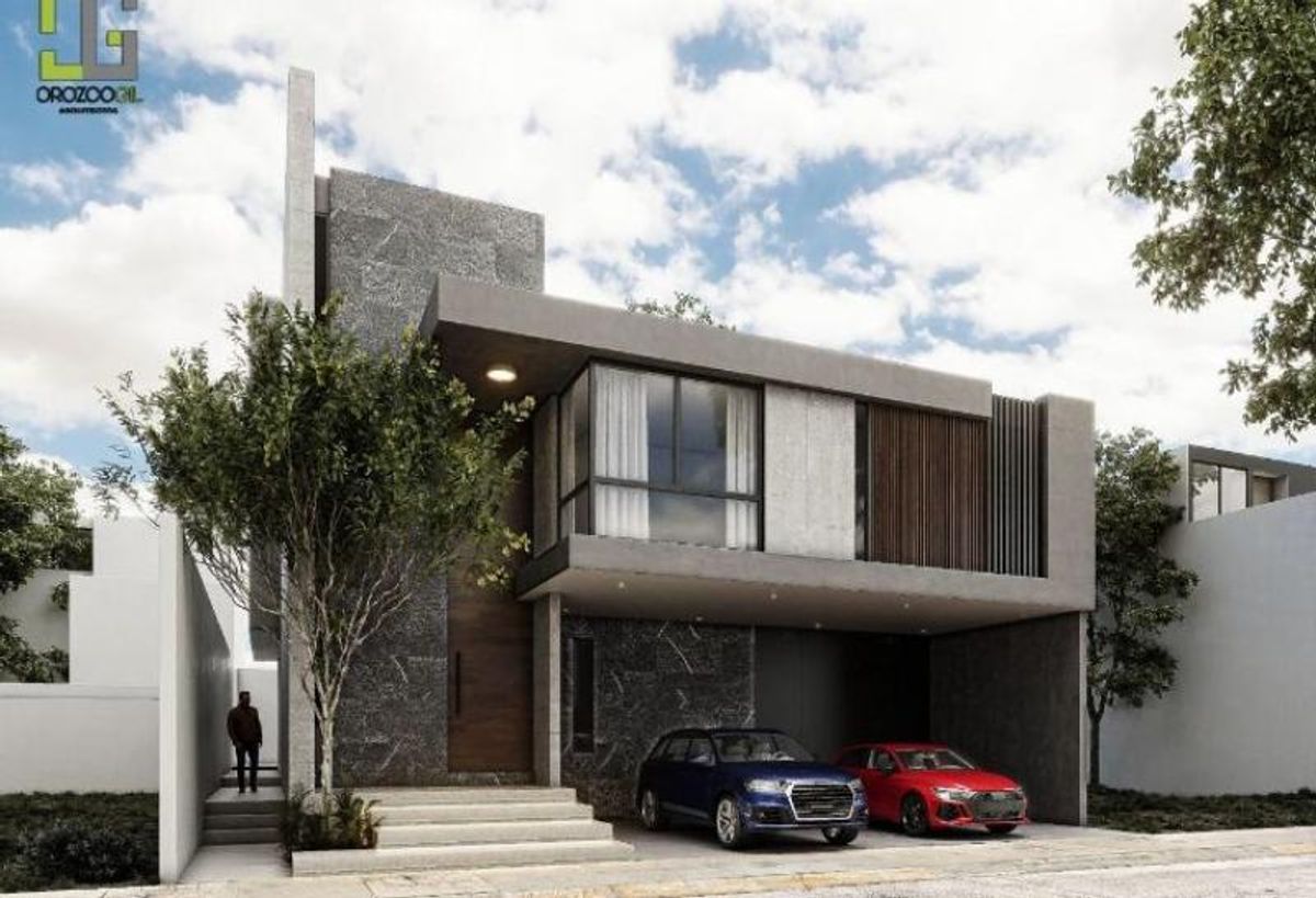 Fachada moderna de dos niveles con piedra oscura, ventanales, detalles de madera y cochera