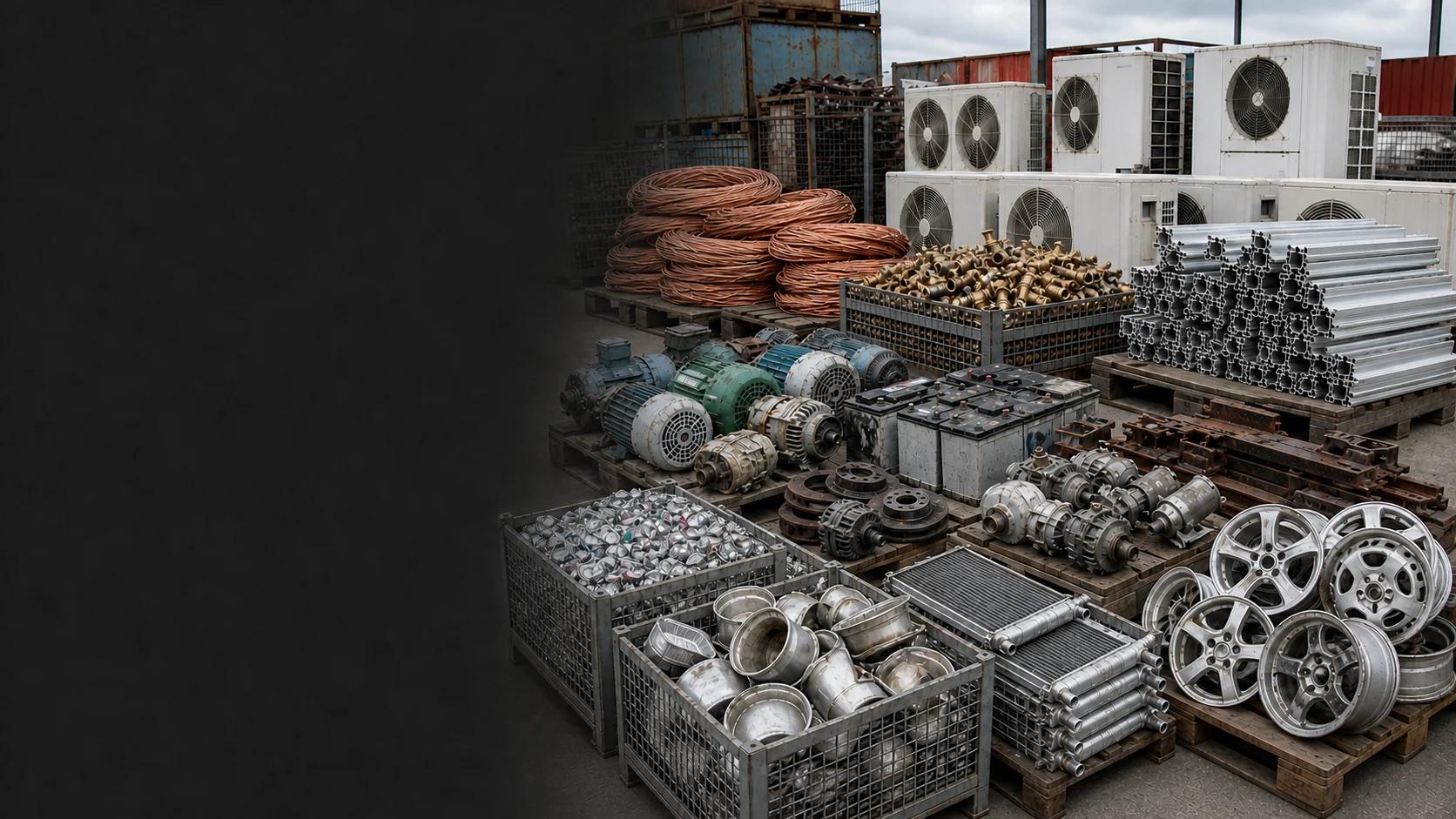 Air-conditioning units, copper, brass, aluminium, batteries, motors, cans, radiators and mag wheels arranged at a scrap recycling yard