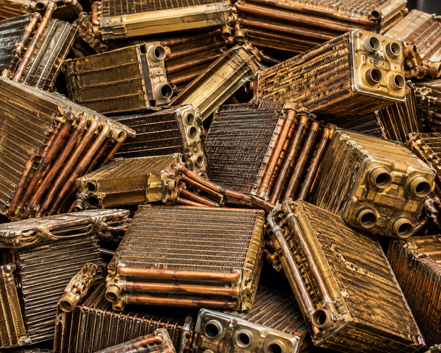 Brass and copper radiators ready for recycling