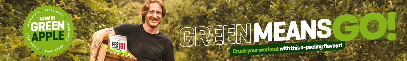 Green Means Go! Crush your workout with this a-peeling flavour! Pre Workout 101 now in Green Apple.