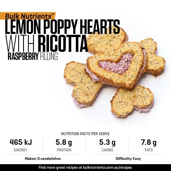 Lemon Poppy Hearts with Ricotta Raspberry Filling recipe from Bulk Nutrients