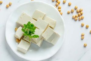 Plate of tofu made from soybeans.
