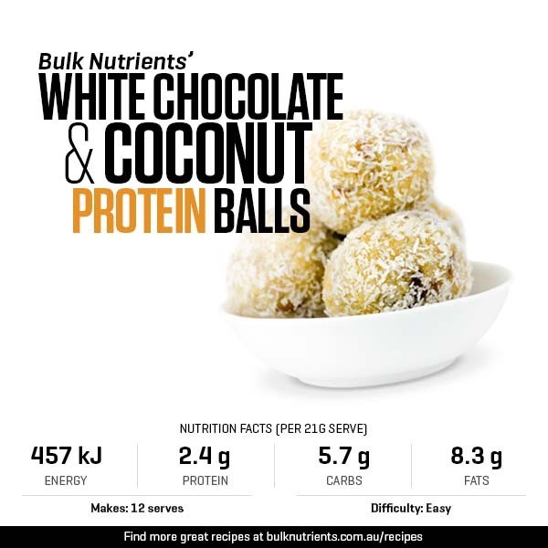 White Chocolate & Coconut Protein Balls recipe from Bulk Nutrients