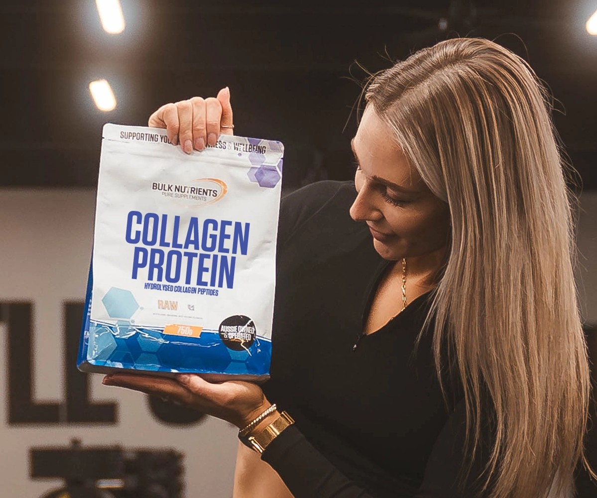 Bulk Nutrients Chelsea Reid with bag of Collagen Protein