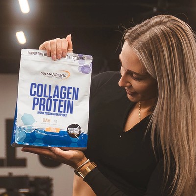Bulk Nutrients Chelsea Reid with bag of Collagen Protein