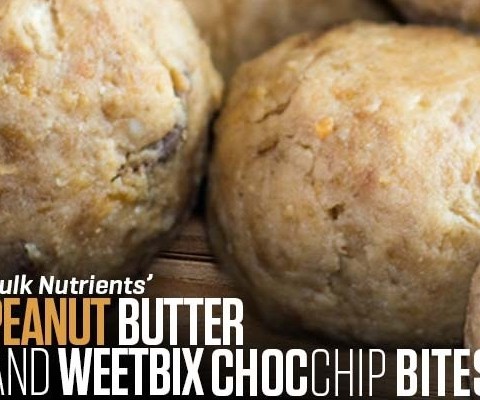 High Protein Peanut Butter and Weetbix Choc Chip Bites recipe from Bulk Nutrients