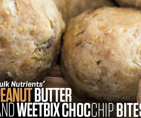 High Protein Peanut Butter and Weetbix Choc Chip Bites recipe from Bulk Nutrients