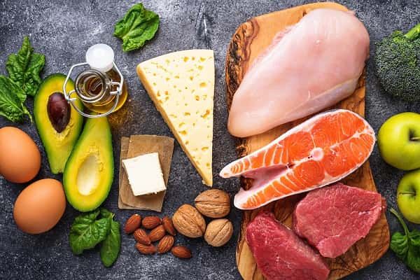 A bench with common ketogenic foods that are high protein or high fat with little to no carbohydrates. These foods include meats like chicken breast, steak and salmon as well as nuts, olive oil, cheese, avocados, and eggs, just to name a few.