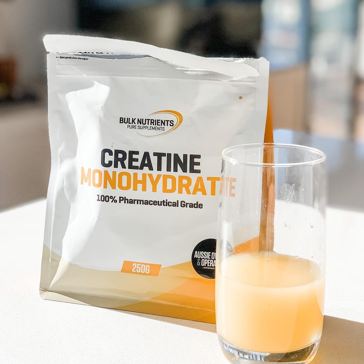Bulk Nutrients' Creatine Monohydrate in a glass